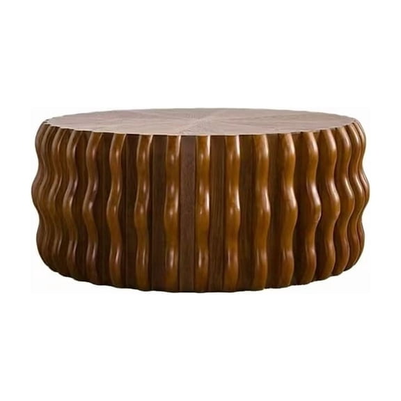 RIGO 30.31" Ribbed Wave Round Coffee Table - Solid Wood & MDF Mid-Century Center Table, Brown Modern Drum Fluted Coffee Table for Living Room/Apartment (Fully Assembled)