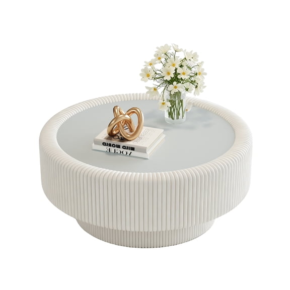 RIGO 31.5" Fluted Round Coffee Table, Modern White Coffee Table with Tempered Glass Top, Premium Leather Wrapped Base and Hidden Storage, Accent Coffee Table for Living Room