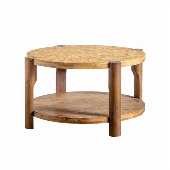 RIGO 34.65" Round Coffee Table, 2-Tier Solid Wood Center Table with Storage Shelf, Mid Century Modern Natural Wood Coffee Table for Living Room, Small Space, Easy Assembly
