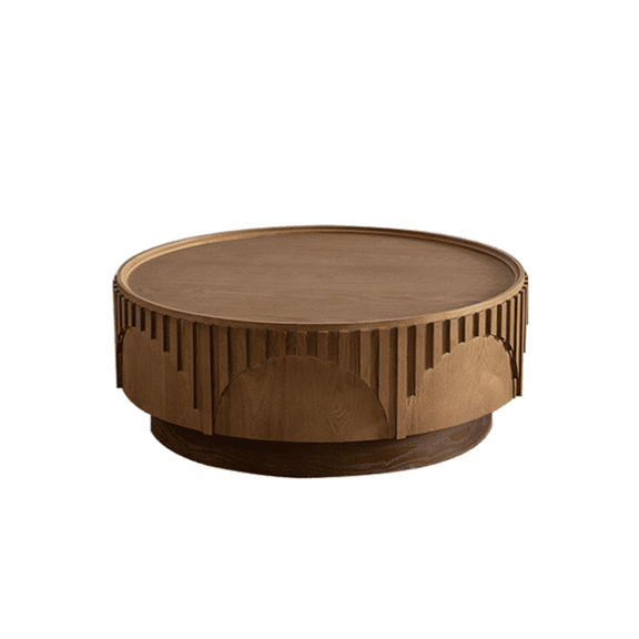 RIGO 36.22" Round Fluted Drum Coffee Table, Handcrafted Moon-Cut Relief Center Table, Solid Wood Veneer & MDF Cocktail Table for Living Room Apartment