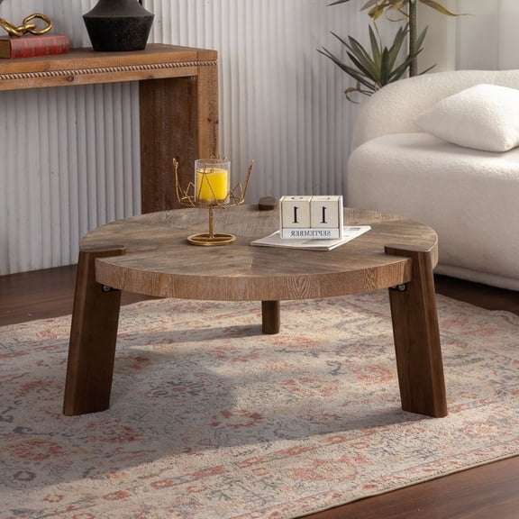 RIGO 36.61" Round Herringbone Coffee Table, Rustic Solid Wood & MDF Center Table with Tapered Legs, Natural Distressed Wood Finish Mid Century Modern Table for Living Room