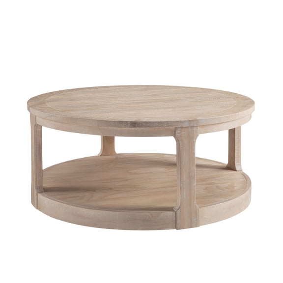 RIGO 40 Inch Round Coffee Table with Wheels, 2 Tier Farmhouse Center Table, Solid Wood & MDF Rustic Coffee Table for Living Room, Oak Finish