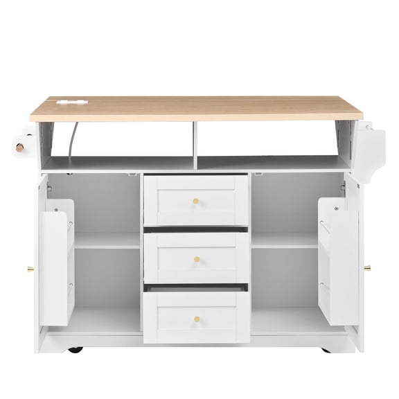 RIGO 47 Inch Rolling Kitchen Island with Drop Leaf Extendable Top, Built-in US Power Ports, Storage Drawers Cabinets, Side Spice Towel Rack, Mobile Prep Island for Kitchen Dining