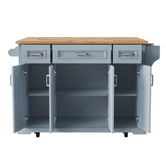 RIGO 54 Inch Kitchen Island Cart with Rubber Wood Drop Leaf, Rolling Kitchen Island on 4 Wheels with 4 Doors & 3 Drawers, Embossed Texture Storage Cart for Kitchen, Dining Room, Grey Blue