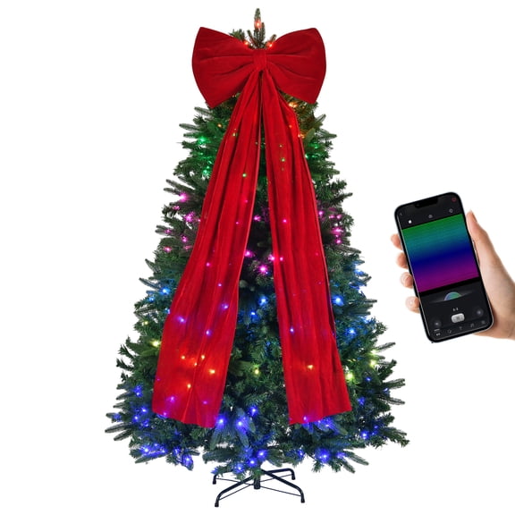 RIGO 6 ft Prelit Aspen Artificial Christmas Tree, AppControlled 700 RGBW LED Lights, PreDecorated with Large Red Bow for Indoor Holiday Decor