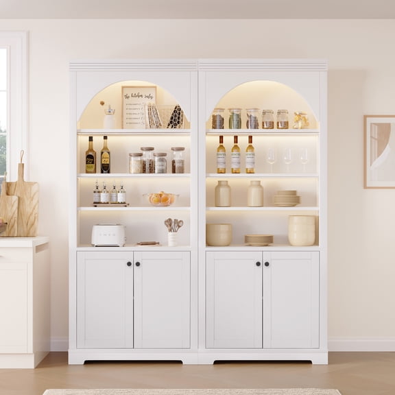 RIGO 70.8" Arched Bookcase Set of 2, Lighted Display Cabinet with LED Lights, Doors & Adjustable Shelves, MDF Freestanding Storage Unit for Living Room Home Office, White