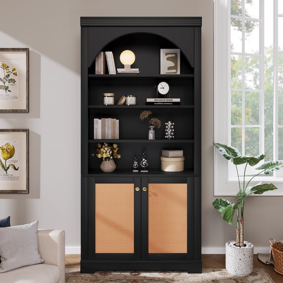 RIGO 70.8" Tall Arched Bookcase with LED Lights, Rattan Doors & Adjustable Shelves, Freestanding Wooden Storage Cabinet for Living Room Home Office Bedroom, Black