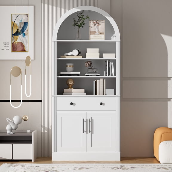 RIGO Arched Bookshelf with Storage Cabinet, 70.9" Tall Freestanding Bookcase with Drawer, Cabinet Doors & Adjustable Shelves, MDF Storage Organizer for Living Room Kitchen Pantry Bathroom