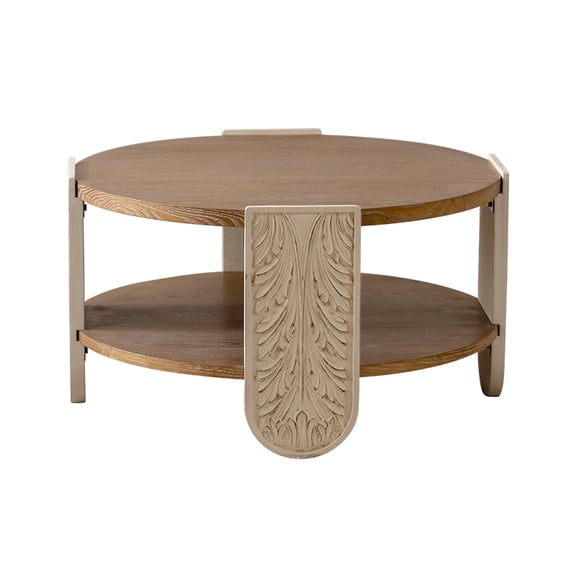 RIGO Carved Wooden Coffee Table, 31.9" Round Retro End Table with Double-Layer Storage, Palace Style Side Table for Living Room Bedroom Small Spaces, Natural Wood Finish