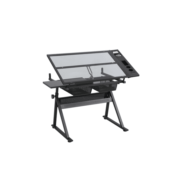 RIGO Drafting Table, 0-70 Adjustable Tempered Glass Top Height Adjustable Artist Drawing Desk with Storage Drawers for Designers & Art Students, Black