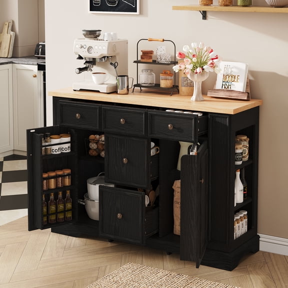 RIGO Farmhouse Sideboard Buffet Cabinet, 51.2" Coffee Bar with 5 Drawers 2 Cabinets Adjustable Shelves, Built-in Power Outlet Kitchen Console Table for Dining Room Entryway Black Wood Grain