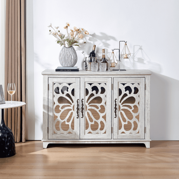 RIGO Freestanding Accent Cabinet, MDF Sideboard Buffet with Acrylic Mirror Carved Doors, Adjustable Shelf, AntiTip Straps for Entryway Living Room Kitchen