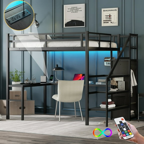 RIGO Metal Full Size Loft Bed with L-shaped Desk and USB Loft Bed with Wardrobe and Adjustable Shelf