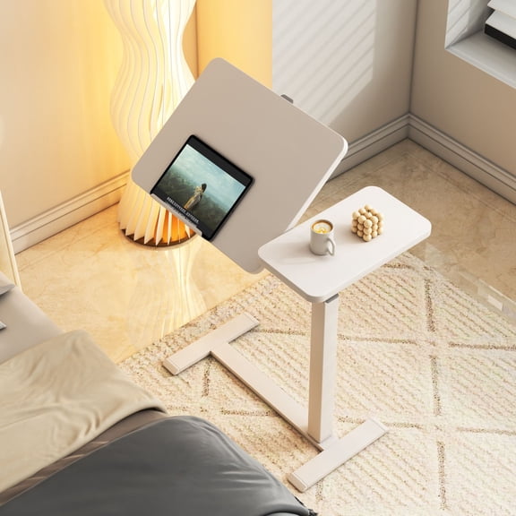 RIGO Mobile Adjustable Standing Desk, Height Adjustable Rolling Laptop Cart with Tiltable Desktop & Lockable Casters, Overbed Bedside Table for Sofa Bedroom , White