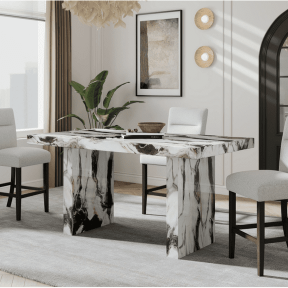RIGO Modern Faux Marble Counter Height Dining Table, 72" Rectangular Seats 6, Double Pedestal Base, Off-White Marble Veining, MDF Construction for Kitchen/Home Bar