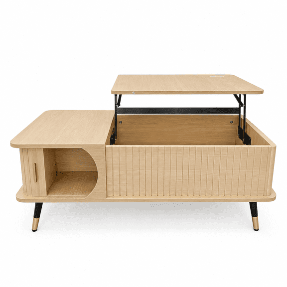 RIGO Natural Wood Lift Top Coffee Table with Hidden Compartment & Storage Shelf, 3-in-1 Pop Up Center Table for Small Apartment Living Room Office