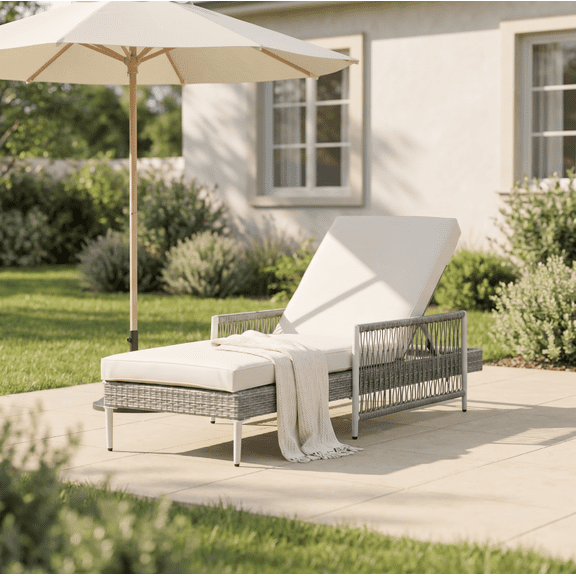RIGO PE Wicker Chaise Lounge, 6 Position Adjustable Recliner with Armrest & Thick Cushion, All Weather Patio Pool Chair, Grey