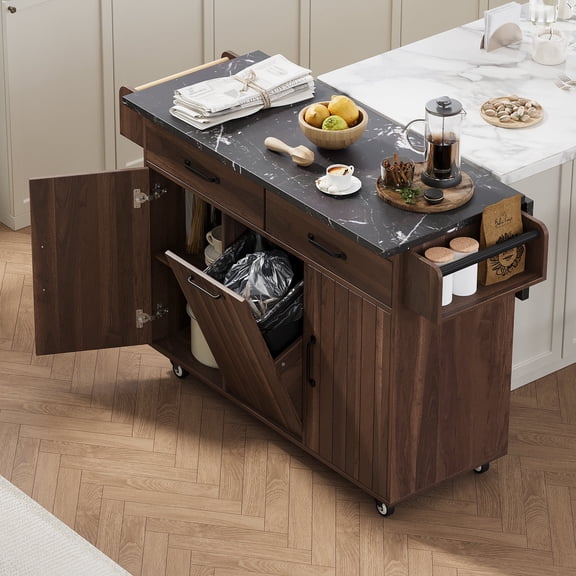 RIGO Rolling Kitchen Island Cart with Tilt Out Trash Cabinet, Mobile Kitchen Cart on Lockable Wheels, Drop Leaf Marble Top with Spice Rack Towel Rack for Small Apartment, Walnut Brown
