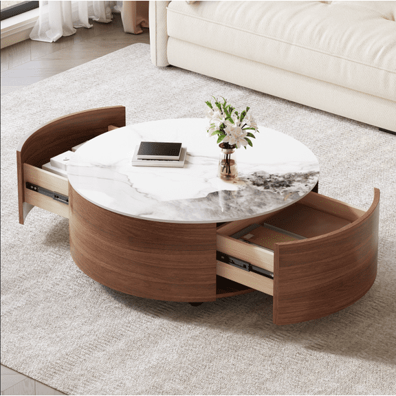 RIGO Round Movable Coffee Table, 29.5" Sintered Stone Top with Lockable Casters & 2 Soft Close Drawers, Walnut Storage Center Table for Small Apartment