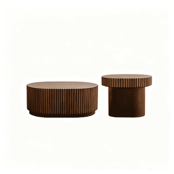 RIGO Set of 2 Fluted Oval Nesting Table, Solid Wood & MDF Coffee Table Set (35.43"/23.62"), Mid-Century Modern Wood Table for Living Room, Apartment, Walnut Finish