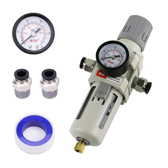 RIH Pneumatics 3/8"NPT Air Filter Pressure Regulator Combo Piggyback, 5 Micron Brass Element, 0-150 PSI Gauge Air Tool Compressor Filter