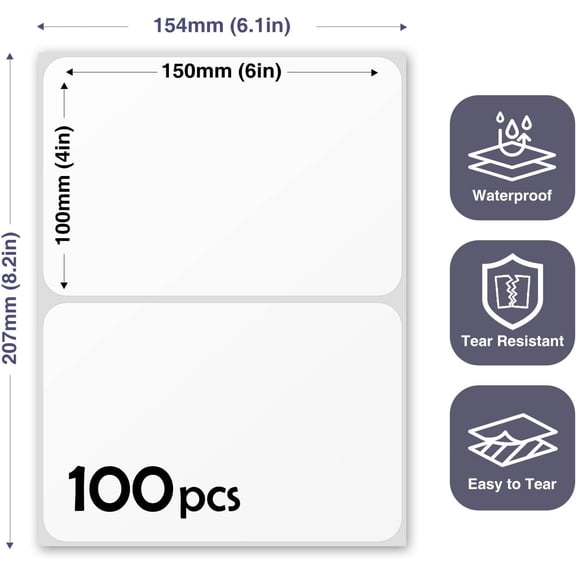 RIHJIN-100Pcs Large White Labels for Storage Bins,6x4 Inch Removable Labels,Large Labels for Blank Box,Strong Adhesive Tear Resistant No Residue Blank Labels (White)