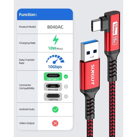 RIHJIN-10Gbps Android Auto USB C Cable 1FT, Right Angle 3A USB C 3.1 Gen 2 CarPlay Cable, Compatible with iPhone 17/16/15 Pro Max, Samsung T7, Galaxy S23 S22 Ultra/Note 20, SSD (Red)