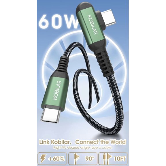 RIHJIN-10ft USB C to USB C Cable, Type C Charger Cord Right Angle 2pack, 60W Fast Charger USB C 90 Degree for iPhone 16/17 Pro Max Plus, iPad Pro, USB C Cable for Samsung S25 S24 S23