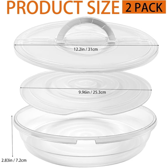 RIHJIN-2 Pack 12 Inch Food Storage Container with Lid and Handle, Round Plastic Pizza Slice Storage Container, Reusable Pie Carrier Keeper for Food Cake Cheesecake, Clear