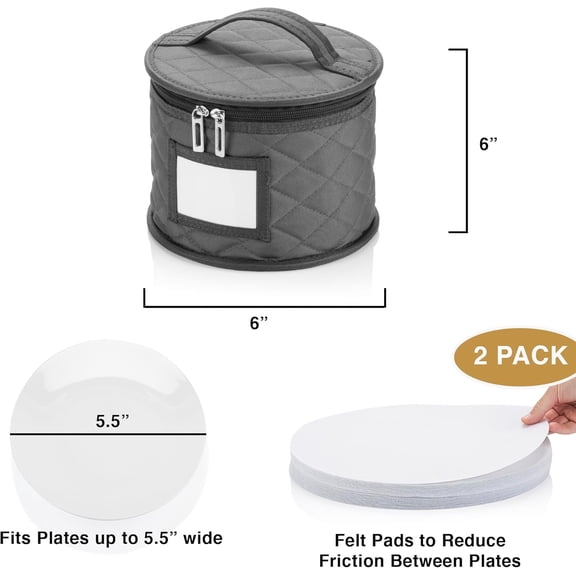 RIHJIN-2 Pack 6" Small Plate Storage Case - China Storage Container - Stackable With Padded Interior to Store Dinnerware Dishes - 24 Felt Dividers Included - Gray - Great for Saucers and Small Bowls