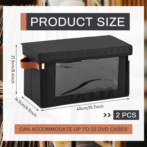 RIHJIN-2 Pack DVDs Storage Boxes with Visible Window, 15.75 x 6.1 x 8.07 Inch Stackable CD Case Holder with Dustproof Lid and Handles, Organizer Shelf for CD Storage, Each Set Can Hold 22 DVDs