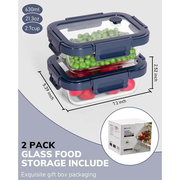 RIHJIN-2-Pack Glass Food Storage Containers with Tempered Lids (21.3oz/2.7cup) - Airtight Snap Lock, Microwave & Oven Safe (-4~ 950F), Freezer to Baking Dish, BPA-Free, Gift Box (Blue)
