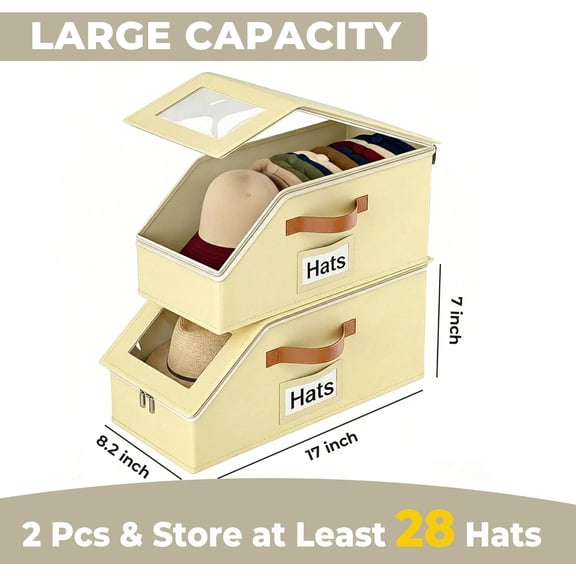 RIHJIN-2 Pack Hat Organizer for Women & Men, Foldable Hat Storage Box with Clear Window Lid, Stackable Clear Hat Storage for Baseball, Cowboy Caps, Store up to 28 Caps, Butter Yellow