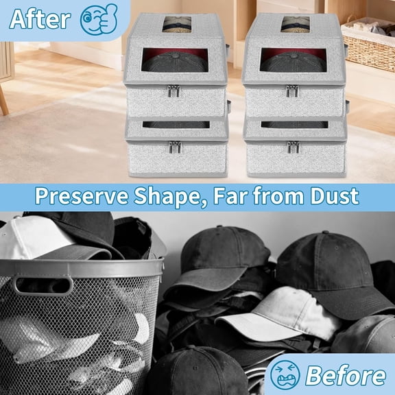 RIHJIN-2 Pack Hat Storage Boxes for Baseball Caps - Stackable Clear Hat Organizer Box with Window Lid, Dustproof Closet Hat Case for 20-30 Caps, Large Foldable Ball Cap Storage Organizer for Men & Wo
