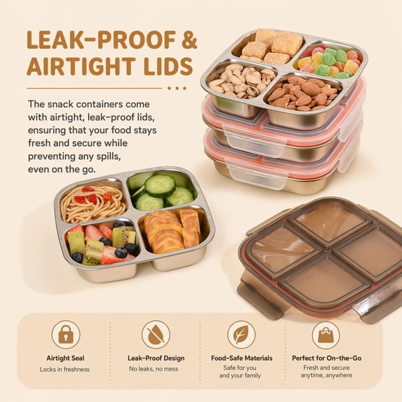 RIHJIN-2 Pack Stainless Steel Snack Containers with Airtight Lids, 4 Compartment Food Storage Containers, Reusable Metal Meal Prep Lunch Boxes, Dishwasher Safe, Divided Plates for Adults