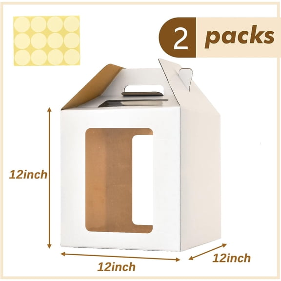 RIHJIN-2 Pack Tall Cake Boxes for Tier Cakes,12 x12x12 Inches Large Tiered Cake Carriers with Windows,10in 12in Disposable Layer Tall Baking boxes with Handle,Durable Large cake box