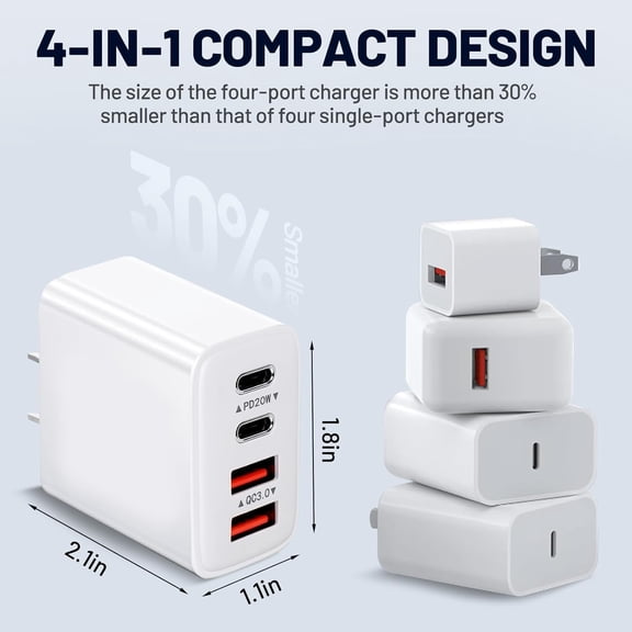 RIHJIN-[2-Pack ] USB C Wall Charger, 40W Fast USB C Charger Block, 4-Port PD Power Adapter + QC Wall Plug Multiport Type C Charging Block Cube Compatible with iPhone16/15/14/13 Pro XS/XR,iPad Samsun