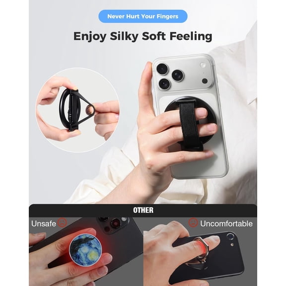 RIHJIN-2025 Upgrade for MagSafe Phone Grip with Finger Strap, Removable MagSafe Ring Holder with Kickstand Finger Loop, Mag Safe Accessories for iPhone 17/16/15/14/13/12 Series, Black