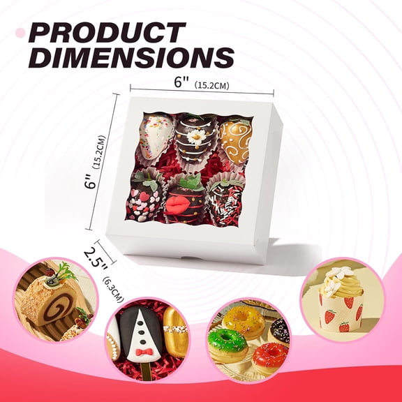 RIHJIN-20PCS 6x6x2.5 Inches Elegant Bakery Boxes with Window,Ideal for Cookies,Chocolate Covered Strawberries, Cakes, Macarons, Truffles,and More,Easy to Assemble, Transparent Window,