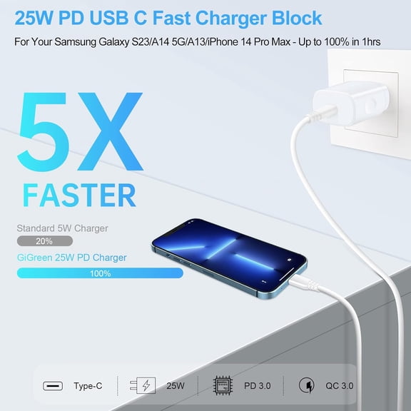 RIHJIN-25W Samsung Fast Charging Block Android Phone Charger USB C Wall Outlet Plug Adapter for Samsung Galaxy A17 A16 5G/S26 Ultra/Z Flip/Fold7/A54/S25/A15/A35/S24/S23/A23,iPhone 17/16e/15,Pixel 10