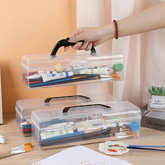 RIHJIN-3 Pack Clear Plastic Painting Brush Container with Black Handle, Portable Long Paintbrush Case, Drawing Tools Storage Box, Practical Art Supply Organizer for Artist Crafters, 11.8"x3.5"x3.4"