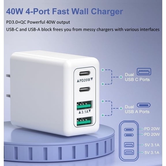 RIHJIN-3 Pack USB C Wall Charger, 40W 4-Port USB C Fast Charger Block Dual Port QC+PD 3.0 Power Adapter, Multiport Type C Brick Charger Box Compatible with iPhone 17 16 15 14 13 12 11 Pro Max XS,Sams