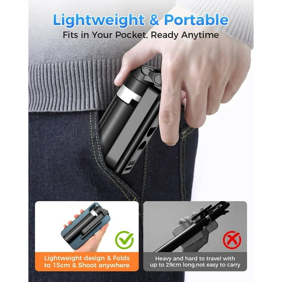 RIHJIN-3-in-1 Phone Tripod with LED Lights & Remote, Extendable Selfie Stick Tripod Stand, Compact Portable with Bluetooth Remote for iPhone/Android Vlogging & Photography (Black)