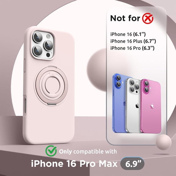 RIHJIN-360 Magnetic Stand for iPhone 16 Pro Max Case with Finger Ring, Compatible with MagSafe, Ring Stand and Finger Ring Phone Case for 16 Pro Max 6.9 inch 2024, Light Pink