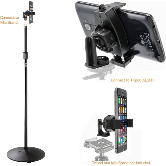 RIHJIN-360 Swivel Adjust Smartphone Holder with 5/8" Tripod Microphone Stand Adapter for All Smartphone up to 3.6 inch Wide (iPhone 17 Air 16 15 Pro Max Plus Galaxy S25 S24 Fold Flip)