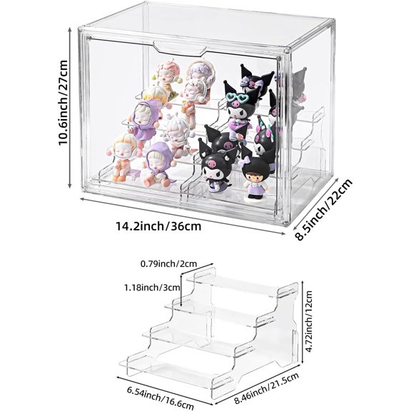 RIHJIN-4 Tier Display Case for Collectibles,Clear Display Box with 2pack 4 Tier Display Risers ,Storage Container with Magnetic Door