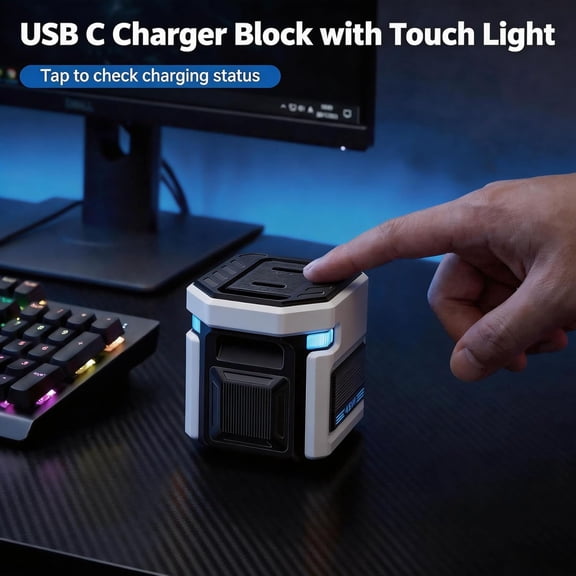RIHJIN-45W Max GaN Fast Charging, USB C Charger Block, Dual Type-C Ports, 90 Foldable Plug, Compact Travel Charger with Touch Light, for iPhone 17/16/15 Pro, iPad Pro and Samsung Galaxy S26/S25