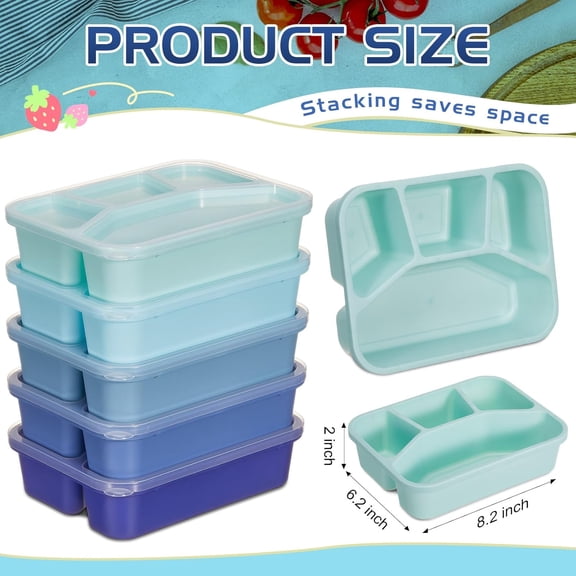 RIHJIN-5 Pack Snack Containers 4 Compartment Bento Snack Boxes Reusable Lunchable Containers with Lids Divided Meal Prep Lunch Food Storage Box for School Work Travel(Blue Ombre,Mixed)