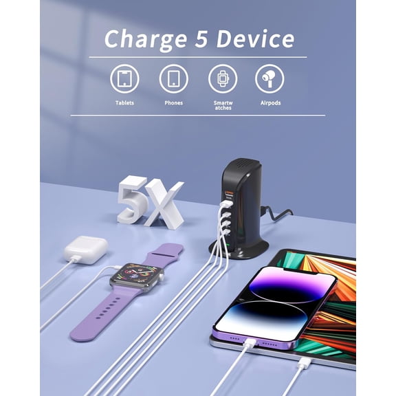 RIHJIN-5 Port USB Charger Block, USB Tower Charging Station for iPhone (Black)