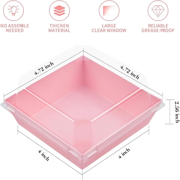RIHJIN-50 Pack Small Charcuterie Boxes with Clear Lids 4x4 Inch, To Go Disposable Paper Food Containers Bakery Treat Boxes for Desserts, Cake Slice, Cookies, Strawberries (Pink, 50)